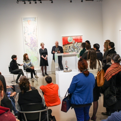 Art Toronto VIP Gallery Talk in Centre Space; Nancy Campell, Shary Boyle, Pat and Pierre-Francois Ouellette; Preview of Universal Cobra, a collaborative exhibition of works by Shary Boyle and Shuvinai Ashoona presented by Feheley Fine Arts and Pierre-Francois Ouellette art contemporain,  2015