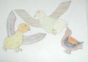 COMPOSITION (THREE COLOURFUL BIRDS)