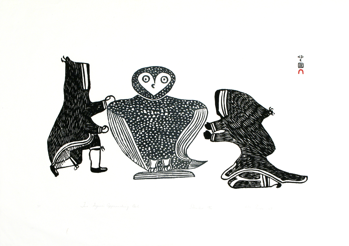 TWO FIGURES APPROACHING OWL